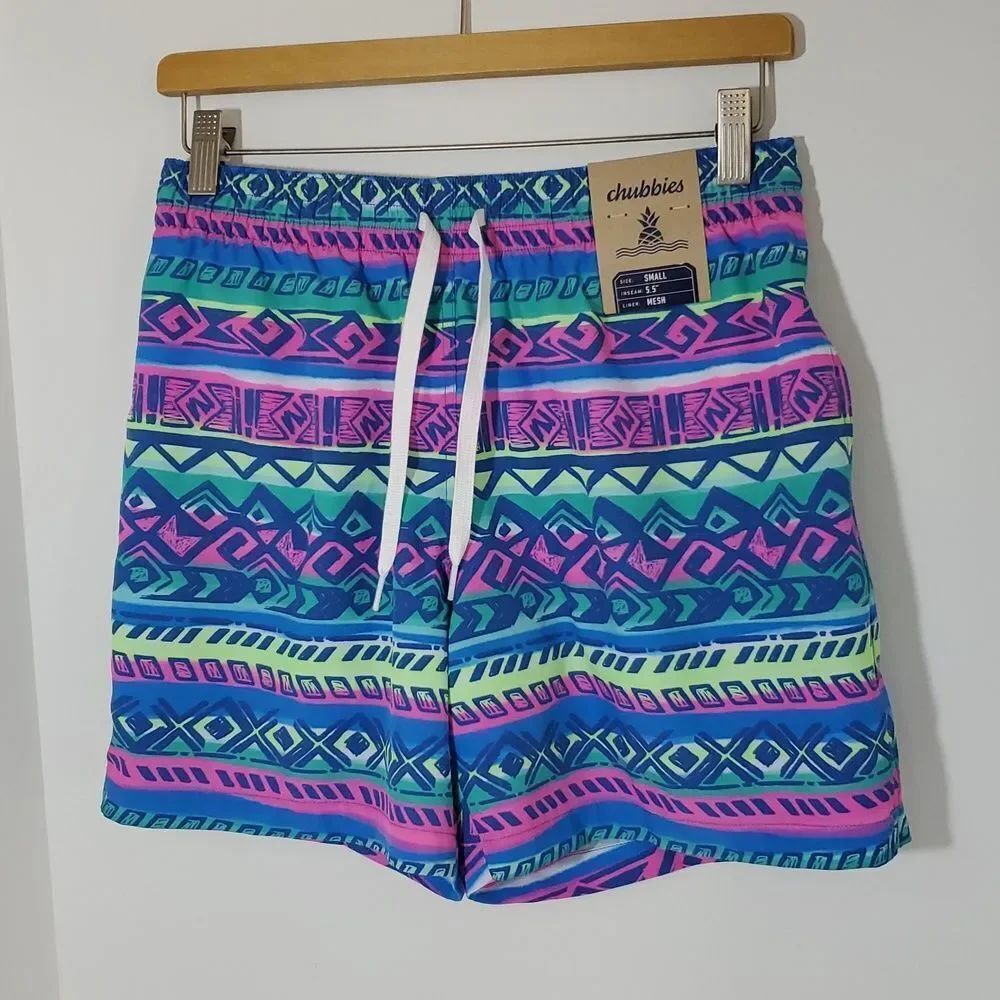 Chubbies The Retronators 5.5" Classic Swim Trunks Geometric Print S NWT